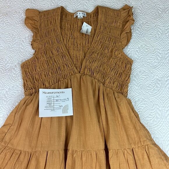 NWT HYFVE RARE FLAIR SMOCKED V-NECK TIERED MINI DRESS gold size S - Picture 6 of 8